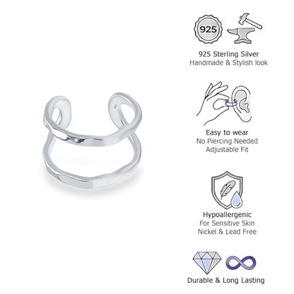 LeCalla 925 Sterling Silver Cuff Earrings for Women | Non-Piercing Fake Helix Cartilage Cuff Earrings | Hammered Ear Cuff-Set for Non-Pierced Ears | Cartilage Earring Silver Ear Clips Jewelry 12MM