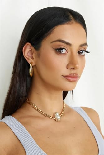 18k Gold Plated Chain Link Necklace for Women, Baroque Pearl/Compass Pendant Necklace - color: Pearl Choker