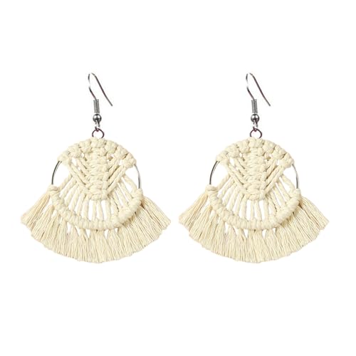 Bohemia Tassel Earrings Statement Handmade Dangle Ethnic Fringe Earrings Bamboo Weaving Geometric Square Sector Gifts for Women - color: round white