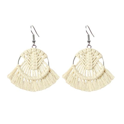 Bohemia Tassel Earrings Statement Handmade Dangle Ethnic Fringe Earrings Bamboo Weaving Geometric Square Sector Gifts for Women - color: round white