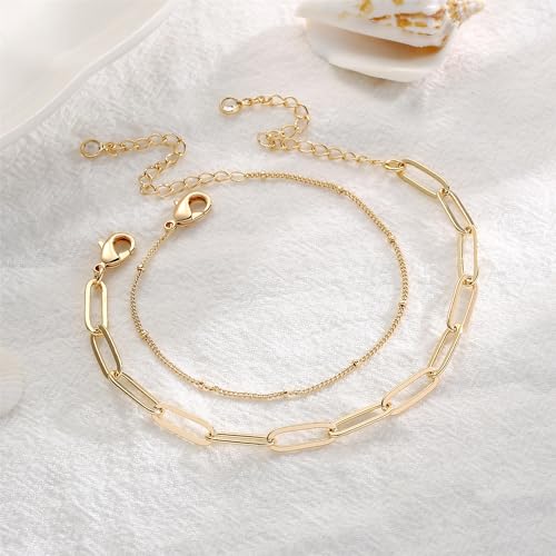 Dainty Gold Bracelets for Women, 14K Gold Plated Adjustable Layered Beads Bracelet Cute Evil Eye Oval Chain Pearl Bar Turtle Gold Bracelets for Women Jewelry - style: "Beads Chain&Oval chain