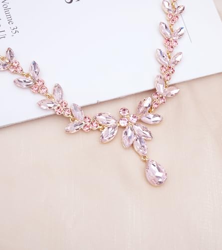 CSY Elegant Bridal Jewelry Sets Wedding Prom Homecoming Gown Accessories | Austrian Marquise Crystal Wedding Necklace Dangle Earrings Tennis Bracelet Ring Set for Bride Women Costume Accessories - color: light pink - gold tone