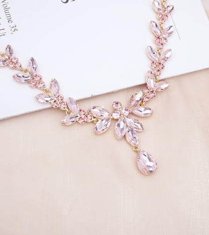 CSY Elegant Bridal Jewelry Sets Wedding Prom Homecoming Gown Accessories | Austrian Marquise Crystal Wedding Necklace Dangle Earrings Tennis Bracelet Ring Set for Bride Women Costume Accessories - color: light pink - gold tone