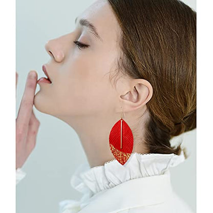 Bohemian Handmade Lightweight Color Large Genuine Soft Leather Fringe Feather Leaf Tear Dangle Drop Earrings for Women Statement - color: 2-Light red