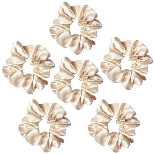 6 Pcs Satin Silk Scrunchies, Soft Hair Ties, Fashion Hair Bands, Bow Ropes, Elastic Ponytail Holders for Women and Girls (4.5 Inch, Beige) - color: Beige