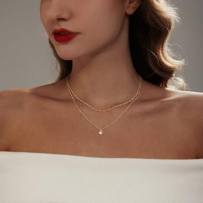 Luxval Diamond Pendant Gold Necklace for Women，Dainty 18k Gold Plated Choker Necklaces Simple Gold Jewelry Gifts for Women - color: Gold-Round CZ Layered