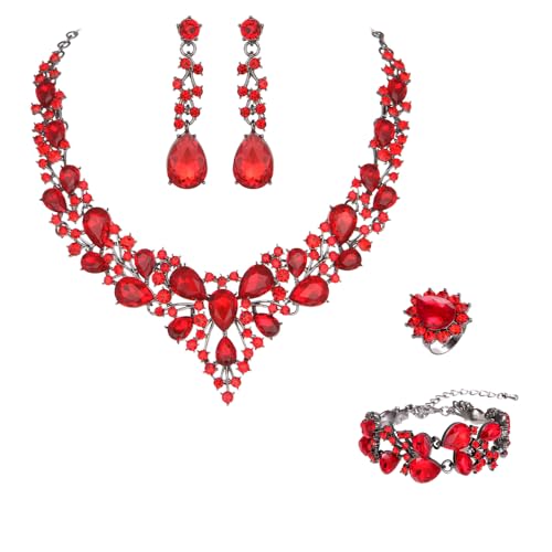 Molie Bridal Austrian Crystal Necklace and Earrings Jewelry Set Gifts fit with Wedding Dress - color: 4Pcs/Set-Red-Black tone