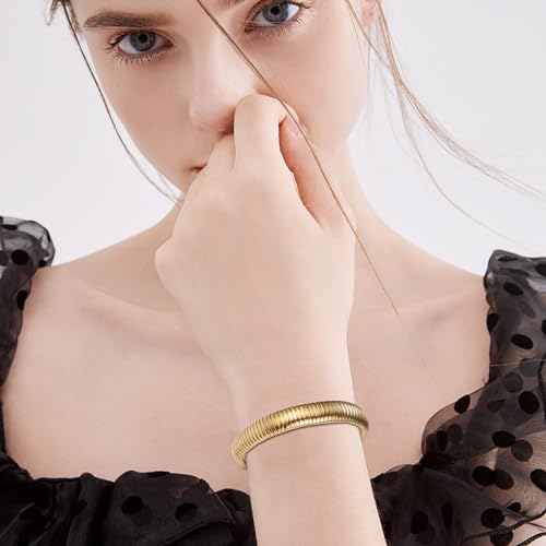 NMQLX Women's Elastic Bangle Bracelets: Stainless Steel Gold Chunky Wristband Bracelets - color: Gold - 12mm