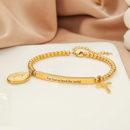 DS Inspirational Bracelet for Women Christian Engraved Bibler Verse Cross Butterfly Daisies Charm Bracelet, Exquisite Stainless Steel Jewelry Daughter Best Friend Bestie - style: For God so loved the world-Gold