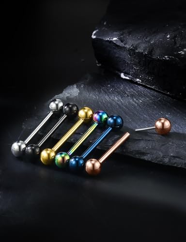14G Threadless Tongue Rings Piercing Jewelry Surgical Steel Straight Barbell Nipple Tongue Ring Piercing Jewelry For Women Men 14MM 16MM Bar Length Ball Size 5MM Mix Color - size: 14 Gauge-16MM Length Bar
