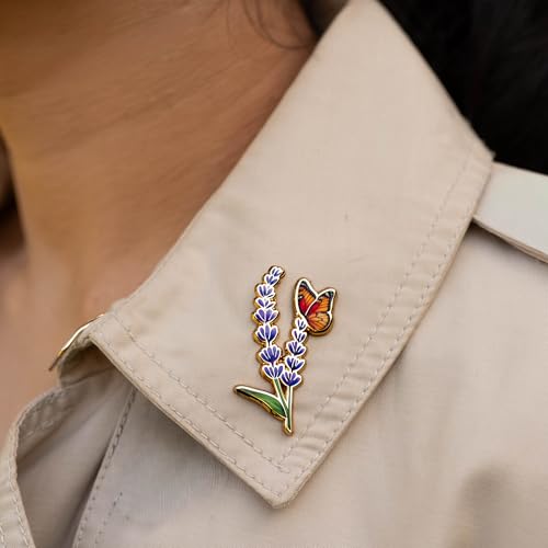 Lavender Pin & Butterfly Flower Pin, Floral Insect Art, Nature Lover Gift, Botanical Accessory, Purple Flower Lapel