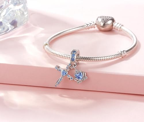 Silver Cross Birthstones Charm Fit for Pandora Charms Bracelet Crown Dangle Charms Beads Birthday Jewelry Gifts for Women - style: March