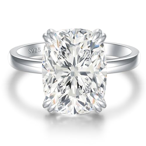 5CT Elongated Cushion Cut Engagement Ring Travel Band Size5-10 | Big Look CZ Fake Engagement Ring, 925 Sterling Silver 14K/White Gold Plated, Wedding Promise Anniversary Statement Gift - color: Silver