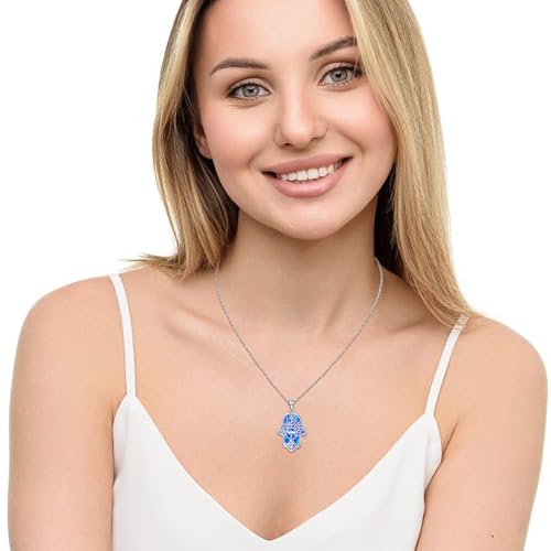 Hamsa Necklace 925 Sterling Silver Evil Eye/Lotus Flower/Star of David/Chai/Yin Yang Hamsa Hand Pendant Jewelry Hand of Fatima Gifts for Women - style: Chai-Blue Opal