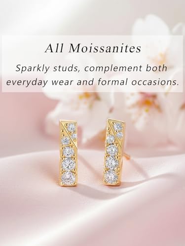 All Moissanites Sparkly Geometric Stud Earrings for Women, Solid 925 Sterling Silver with Rhodium/Gold Plated Hypoallergenic, Lightweight Comfy Earrings - color: Bar - Yellow Gold