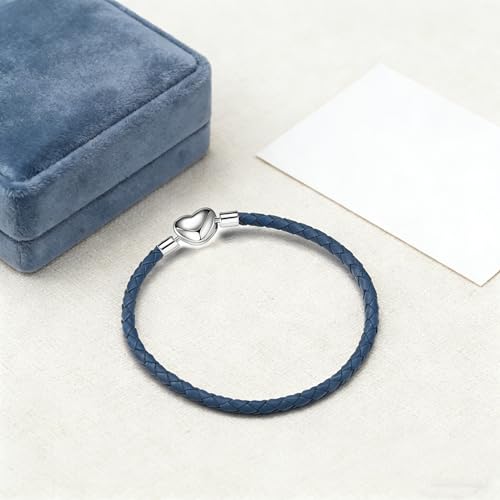 GMXLin Leather Charm Bracelet Heart Snap Clasp Clip Lock Handmade Braided Wristband Compatible with Women Pandora Charm Bead - color: Blue