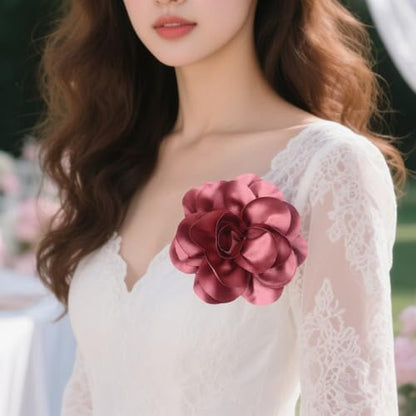 Large Rose Flower Brooches Chiffon Camellia Brooch Lapel Pins Hair Clips Hat Pins for Women Wedding Banquet Accessories Large Satin Flowers 5.5in - color: Red 1
