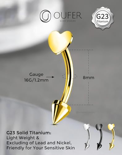 OUFER Rook Piercing Jewelry, G23 Solid Titanium Eyebrow Rings, Heart Vertical Labret Lip Jewelry, 16G Curved Barbells, Daith Rook Earrings for Women Men - color: Gold Heart, size: 16G 8mm