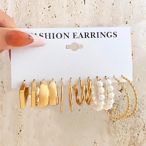 14K Gold Plated Geometric Hoop Earrings for Women Chunky Hypoallergenic Thick Lightweight Jewelry - color: Gold-6 Pairs