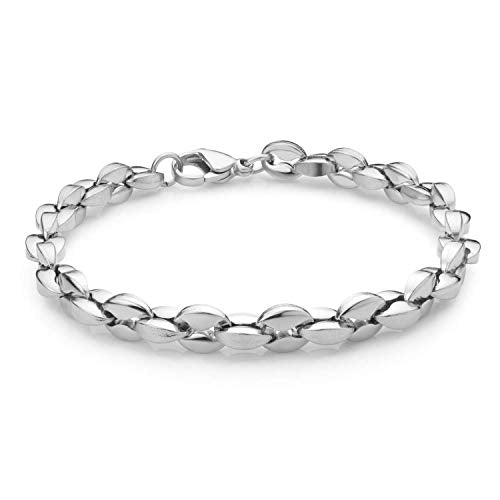555Jewelry Stainless Steel Hollow Coffee Bean Unisex Link Chain Bangle Bracelet - color: Silver