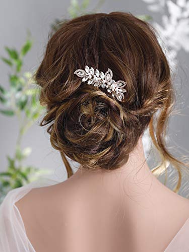 Kercisbeauty Wedding Bridal Bridesmaids Flower Girl Rhinestone Crystal Leaf Rose Gold Hair Comb Slide for Prom,Bun Hair Accessory (Rose Gold) - color: Rose Gold