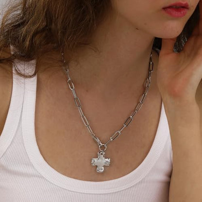 Chunky Cross Necklace for Women Trendy 14K Gold Silver Plated Statement Big Cross Pendant Paperclip Chain Charm Necklaces Religious Faith Easter Basket Stuffers Baptism Costume Jewelry Gift - color: White Gold-Lobster Clasp-1 inch pendant