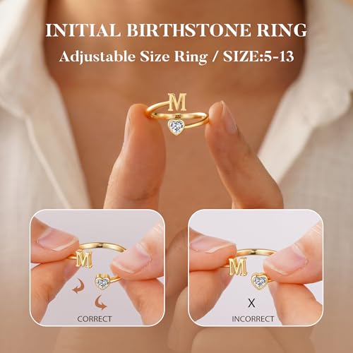 Turandoss Teen Girl Birthday Gifts for 8 9 10 11 12 13 14 15 16 Years | Dainty 14K Gold Plated Initial Letter A-Z Adjustable Heart Birthstone Ring Personalized Birthday Jewelry Gifts