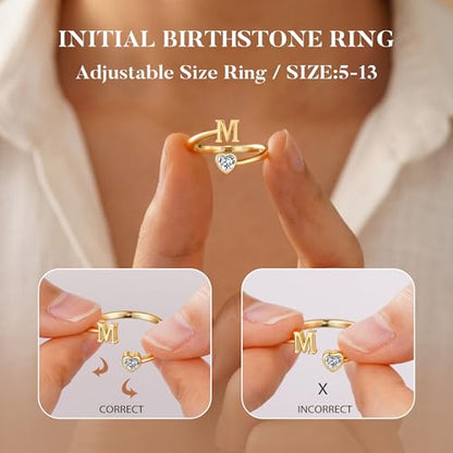 Turandoss Teen Girl Birthday Gifts for 8 9 10 11 12 13 14 15 16 Years | Dainty 14K Gold Plated Initial Letter A-Z Adjustable Heart Birthstone Ring Personalized Birthday Jewelry Gifts