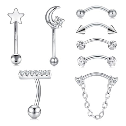 FECTAS 16G 8PCS Rook Piercing Jewelry Eyebrow Rings for Women Rook Earrings Tragus Daith Cartilage Lip Belly Surface Curved Barbell Piercing Jewelry 10mm 8mm - style: style2-10mm