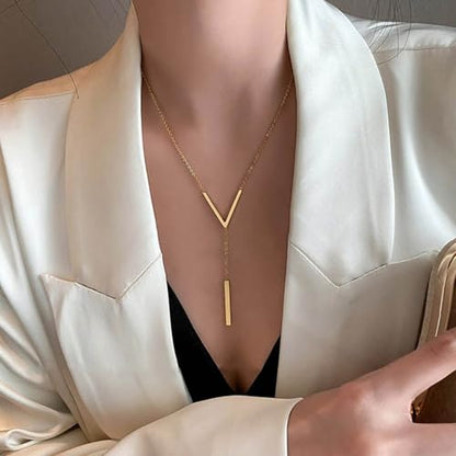 Gold Bar Y Necklace for Women Vertical Drop Lariat Necklace Vintage V-Shape Long Bar Pendant Y-Necklace Tassel Sweater Chain Fashion Gifts Jewelry