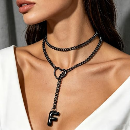 Black Heart Slip Chain Initial Necklaces for Women, Stainless Steel Wrap Choker Necklace, Gothic O-Ring Adjustable Lariat Y Necklaces, Punk Cuban Collar Choker Necklace, Halloween Jewelry Gift - color: Black F