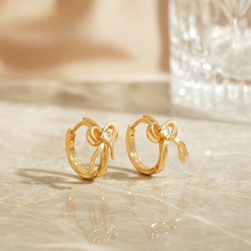 VACRONA Cubic Zirconia Huggie Earrings 14k Gold Plated Tiny Earrings Small Huggie Hoop Earrings Simple Lightweight Hoops Gift for Women - color: Bow-Gold