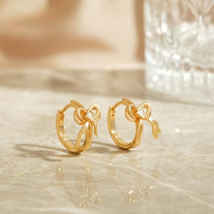 Cubic Zirconia Huggie Earrings 14k Gold Plated Tiny Earrings Small Huggie Hoop Earrings Simple Lightweight Hoops Gift for Women - color: Bow-Gold