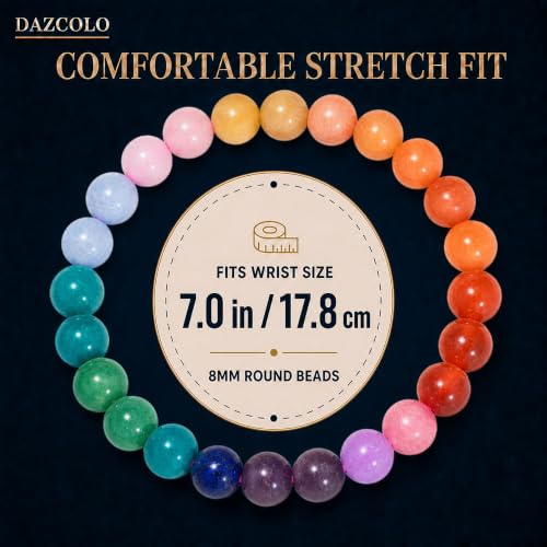 8mm Natural Crystal Stretch Bracelet | Handmade Round Stone Bead Bracelet, Runs Large, Meditation Yoga Gift for Women & Men - color: 7 Chakra