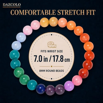 8mm Natural Crystal Stretch Bracelet | Handmade Round Stone Bead Bracelet, Runs Large, Meditation Yoga Gift for Women & Men - color: 7 Chakra