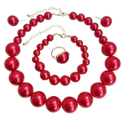 Chunky Beaded Jewelry Set, Necklace Earrings Bracelet Ring for Women Party | Simulated pearl jewelry set, necklace earrings bracelet & ring. Elegant chunky beaded, ideal gift for wedding and daily wear. - color: Red