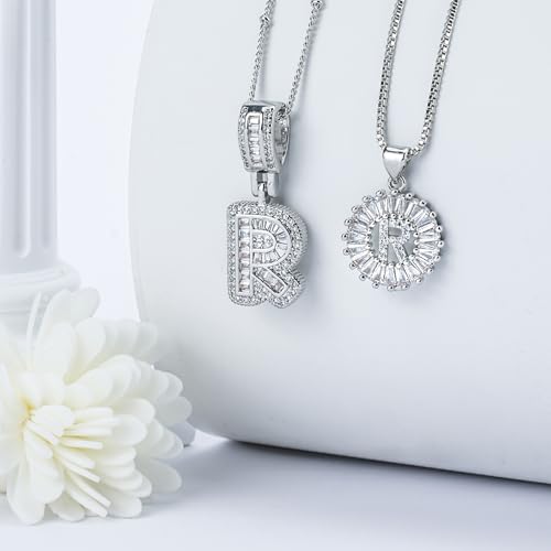 14K Gold Plated Alphabet Necklace Cubic Zirconia Letter Pendant, Personalized Name Jewelry Gift for Women, Customizable A-Z, Birthday/Mothers Day Gifts for Womens - color: White Gold, style: Style-R