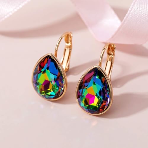 Austrian Crystal Teardrop Leverback Drop Earrings for Women | 14K Gold-Plated Finish, Sparkling Pear Stone, Smooth Bezel Frame, Secure Leverback Closure, Dainty Day-To-Evening Style - color: Vitrail Medium