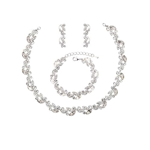 QLLYHLH Woman’s Brides Bridesmaid Leaf Choker Necklace Dangle Earrings Link Bracelet Austrian Crystal Wedding Jewelry Set Prom Costume Party Events | Brides, Bridesmaid, Prom, Events, Costume Party, Leaf - color: White-Platinum Plated