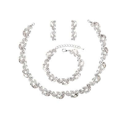 QLLYHLH Woman’s Brides Bridesmaid Leaf Choker Necklace Dangle Earrings Link Bracelet Austrian Crystal Wedding Jewelry Set Prom Costume Party Events | Brides, Bridesmaid, Prom, Events, Costume Party, Leaf - color: White-Platinum Plated