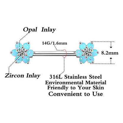 14G Opal Flower CZ Nipple Barbell Nipple Ring Piercing Jewelry for Women - color: blue