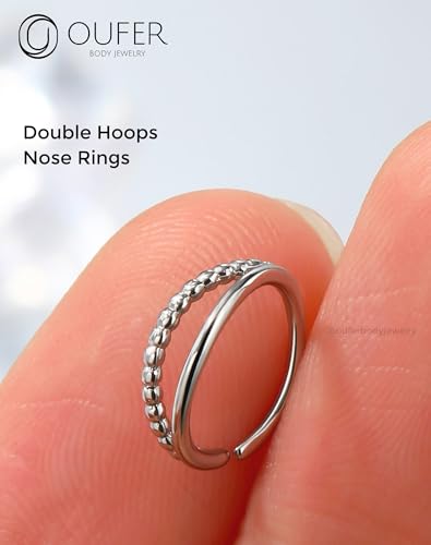 OUFER Nose Rings Silver, 20G Double Hoop 8MM Nose Rings, Seamless Stainless Steel Rook Daith Piercing Jewelry for Women & Men - style: Style9-Bead