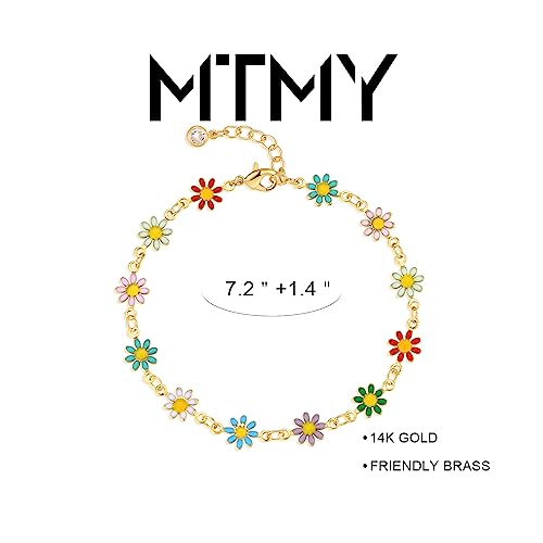 Gold Chain Bracelet for Women, 14K Gold Plated | Dainty Bracelets with Adjustable Chain, Trendy Jewelry Gift for Women - style: colorful daisies