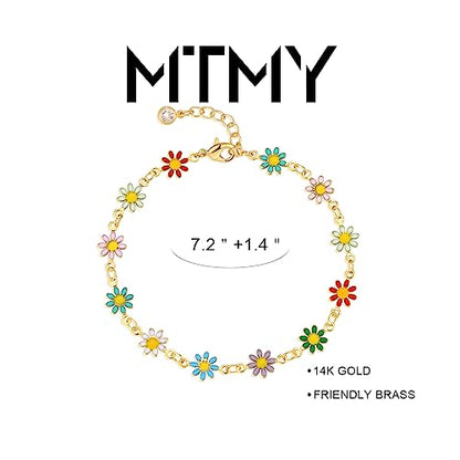 Gold Chain Bracelet for Women, 14K Gold Plated | Dainty Bracelets with Adjustable Chain, Trendy Jewelry Gift for Women - style: colorful daisies