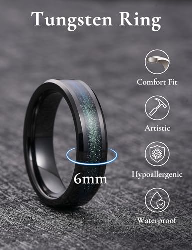 King Will Mens Galaxy Tungsten Wedding Band | 6mm/8mm, Beveled Edge, Comfort Fit, Durable, Sandstone Opal Inlay Polished, Everyday Wear - color: Blue Green-6mm
