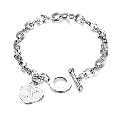 Initial Heart Charm Bracelets for Women 14K gold/Silver Tone Stainless Steel OT Clasp Heart A-Z Letter Name Bangle Bracelet Gifts - color: X
