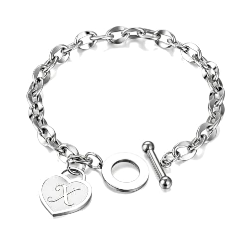 Initial Heart Charm Bracelets for Women 14K gold/Silver Tone Stainless Steel OT Clasp Heart A-Z Letter Name Bangle Bracelet Gifts - color: X