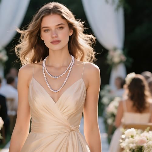 Long Pearl Necklace for Women Dainty Zircon Bead Pearl Necklace Layered Faux Pearls Necklaces Long Wedding Long Pearl Necklace Delicate Jewelry for Brides - color: Creamy White-E