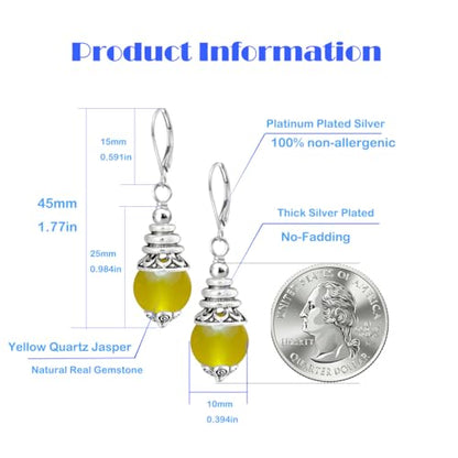 Natural 10mm Stone Beads Drop Earrings,Retro Silver Round Quartz Crystal Gemstone Beads Dangle Earrings for Women - color: A24_Yellow Quartz Jasper