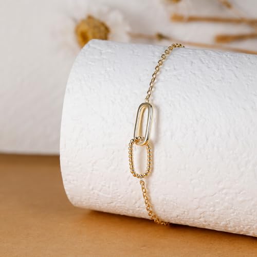 Dainty Lucky Four Leaf Clover Bracelets for Women, Trendy 14K Gold Plated Hypoallergeni Cubic Zirconia Bracelets Cute Paperclip Interlocking Adjustable Chain - color: Gold Paperclip Bracelet